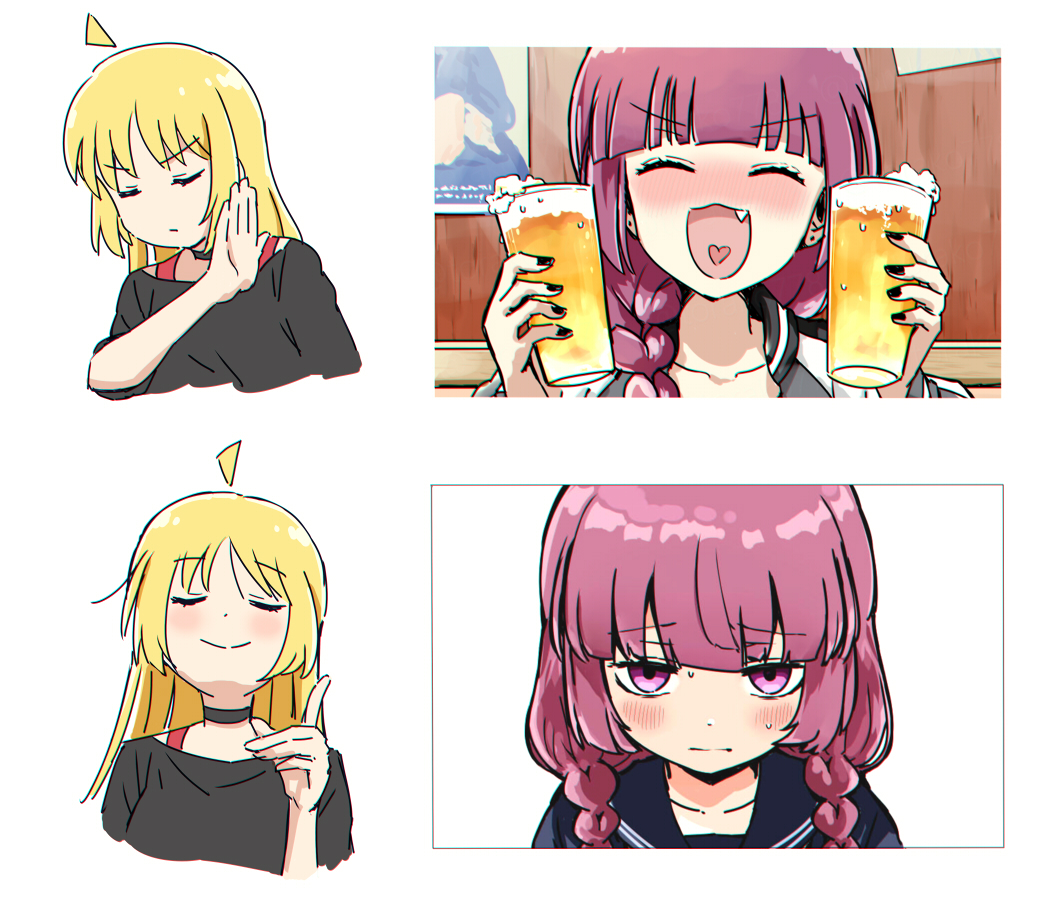 2girls, :d, ahoge, alcohol, beer, beer_mug, black_choker, black_nails