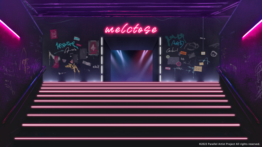 absurdres, graffiti, handrail, highres, hoshimiya_aki, indoors, neon_lights, no_humans, official_art, parallel_artist_project, stairs