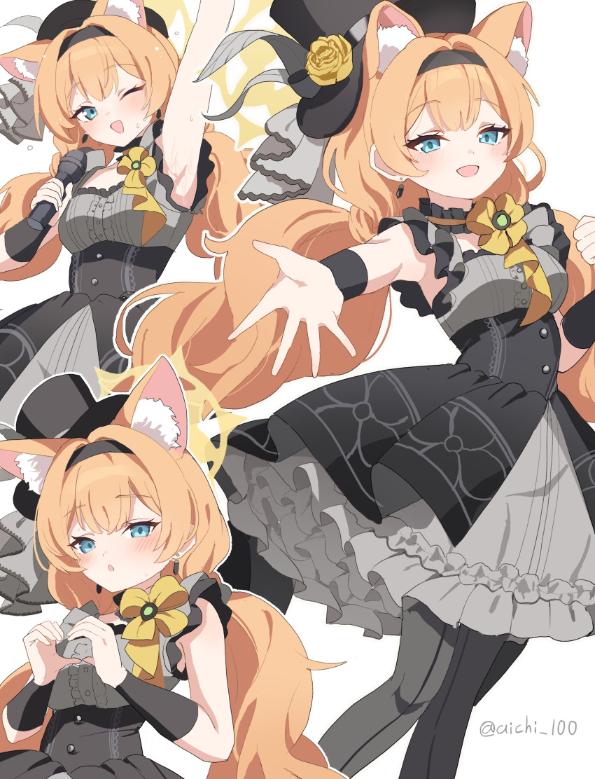 1girl, absurdres, animal_ears, arm_up, armpits, blue_archive, blue_eyes, blush, breasts, earrings, hair_between_eyes, hair_ornament, halo, hat, heart, heart_hands, highres, jewelry, looking_at_viewer, low_twintails, mari_(blue_archive), mari_(idol)_(blue_archive), medium_breasts, official_alternate_costume, orange_hair, pakimoti, reaching, reaching_towards_viewer, solo, twintails, twitter_username, white_background