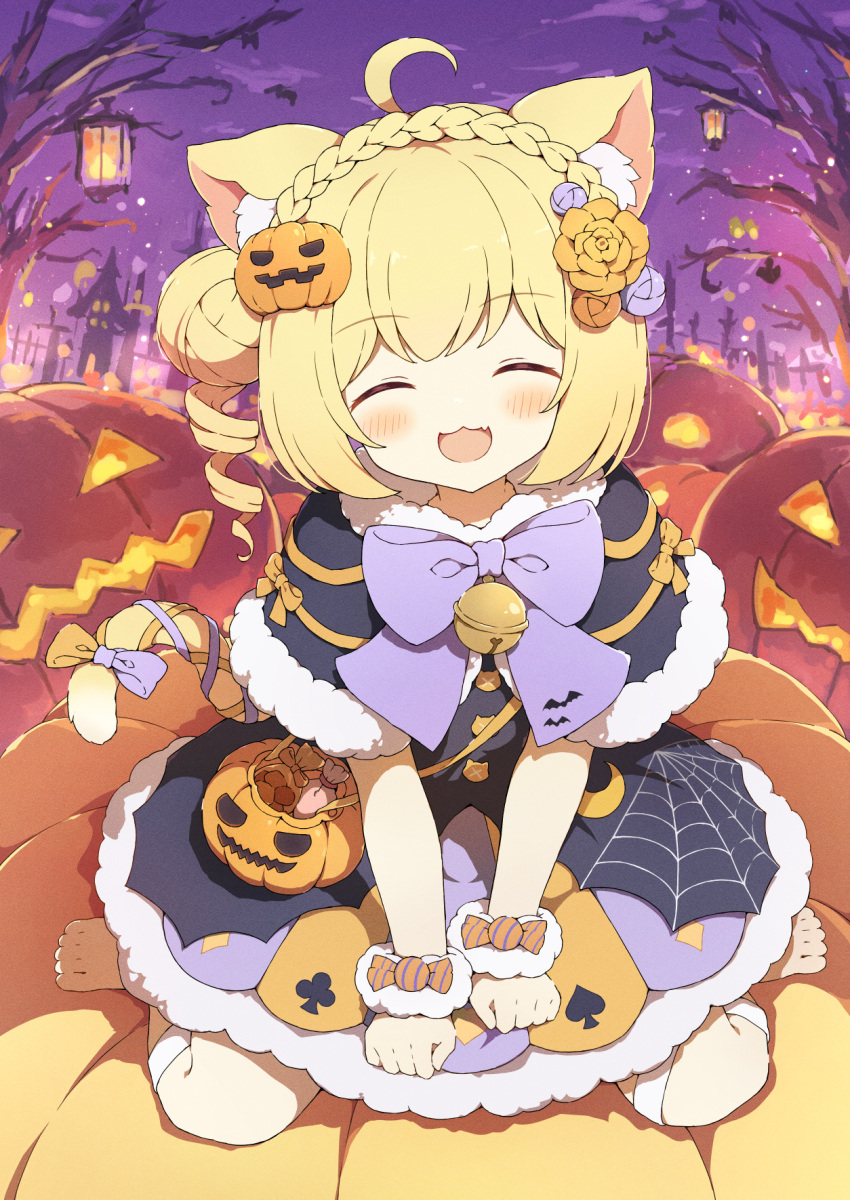1girl, :d, ahoge, animal_ear_fluff, animal_ears, bare_tree, barefoot, blonde_hair