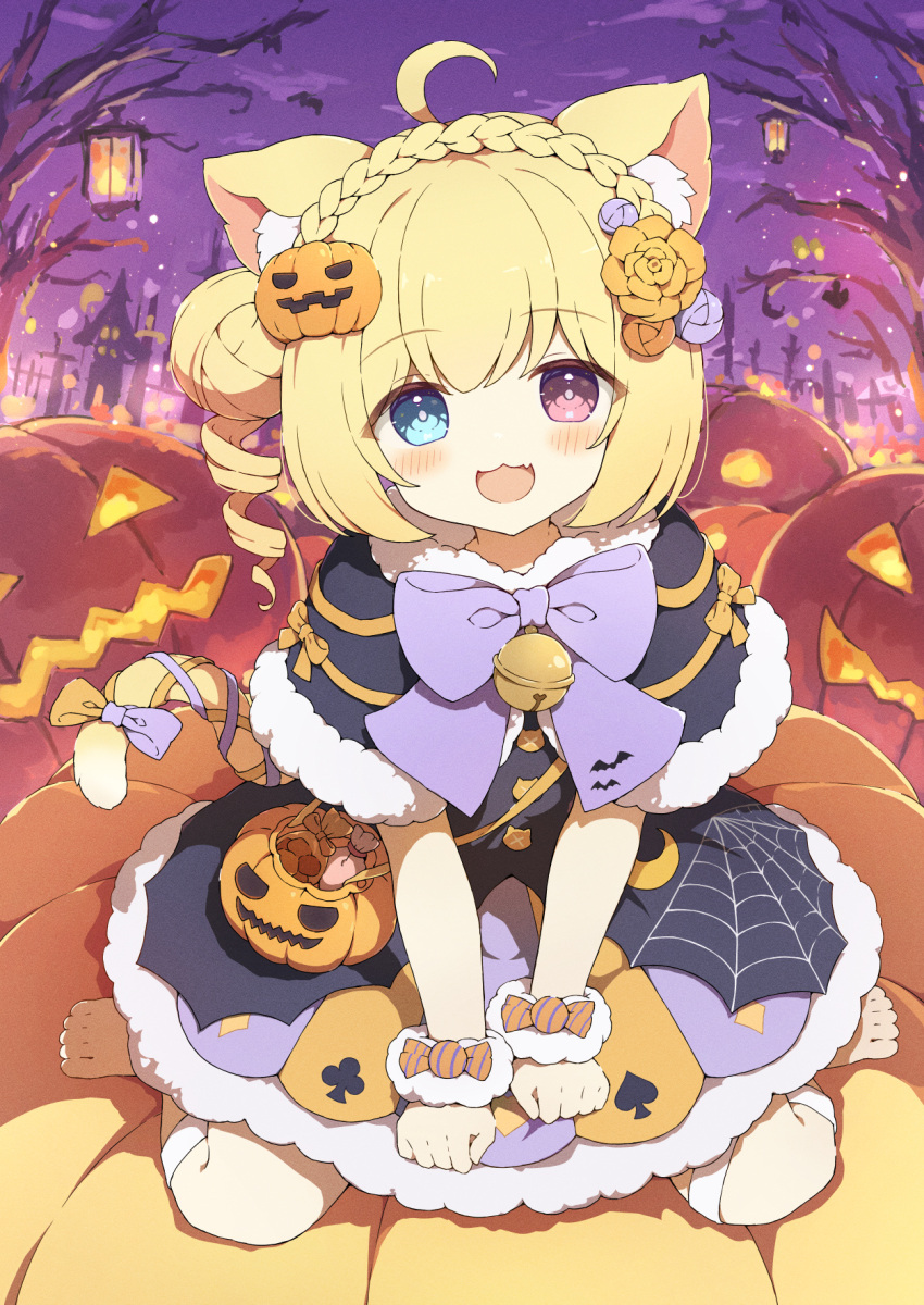 1girl, :d, ahoge, animal_ear_fluff, animal_ears, aqua_eyes, bare_tree, barefoot
