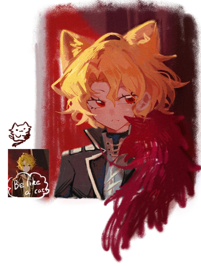 1girl, :<, animal_ear_fluff, animal_ears, black_coat, blonde_hair, cat, cat_ears