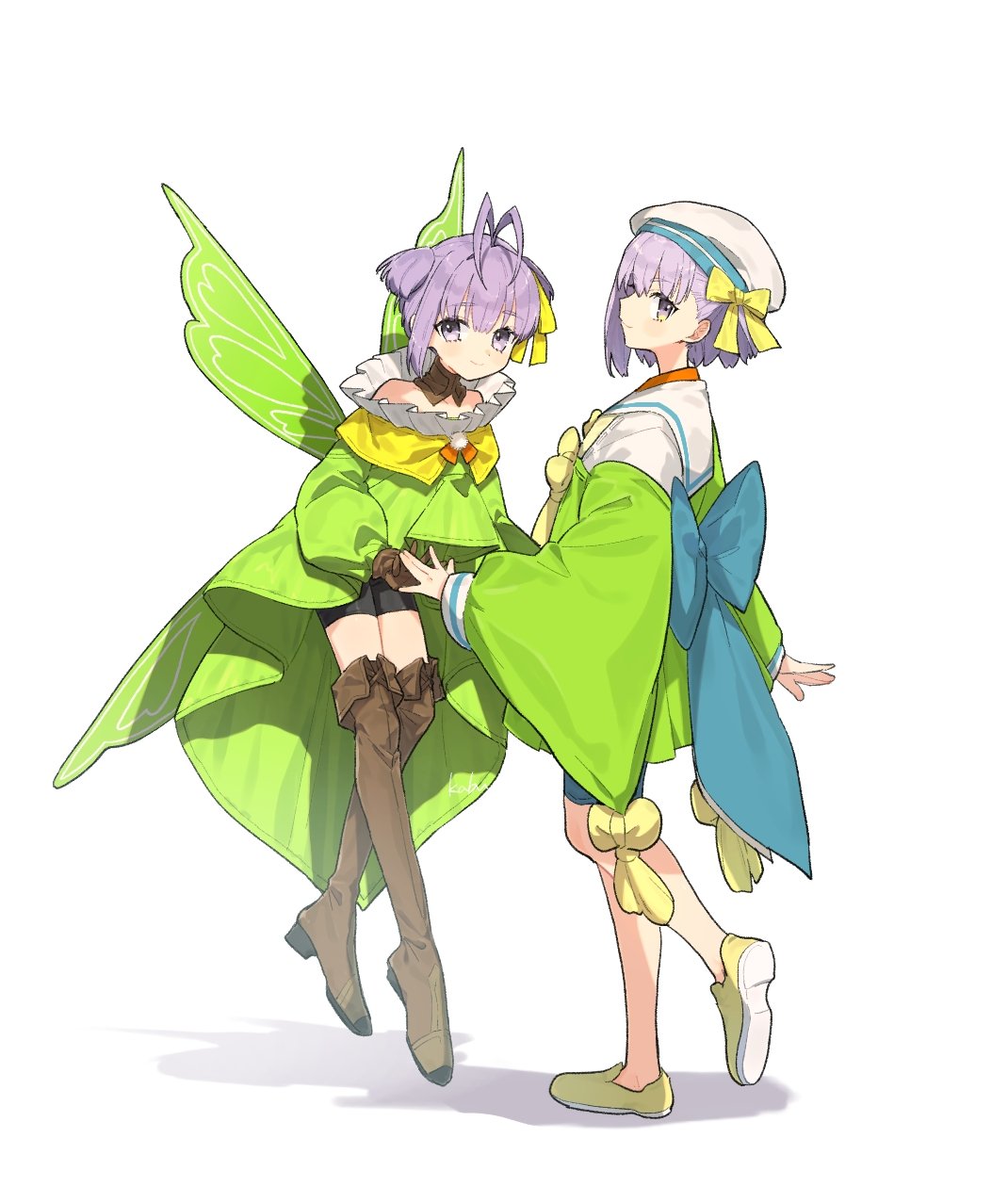 2girls, antenna_hair, back_bow, bare_shoulders, beret, bike_shorts, black_shorts, blue_bow