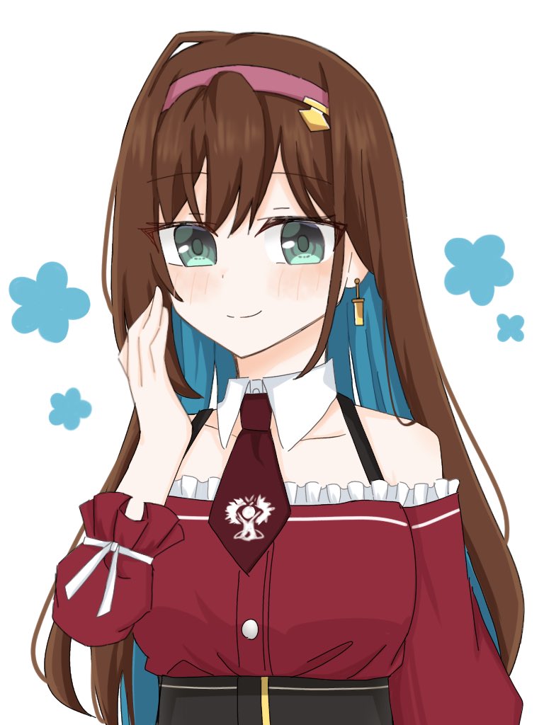 1girl, aqua_hair, arm_at_side, assault_lily, bare_shoulders, blush, bown_hair, brown_necktie