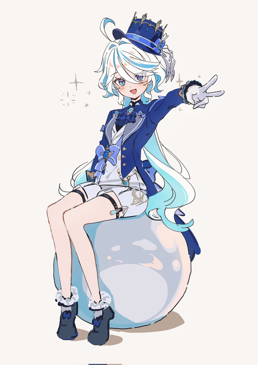 1girl, :d, ahoge, ascot, ball, black_footwear, blue_ascot, blue_eyes