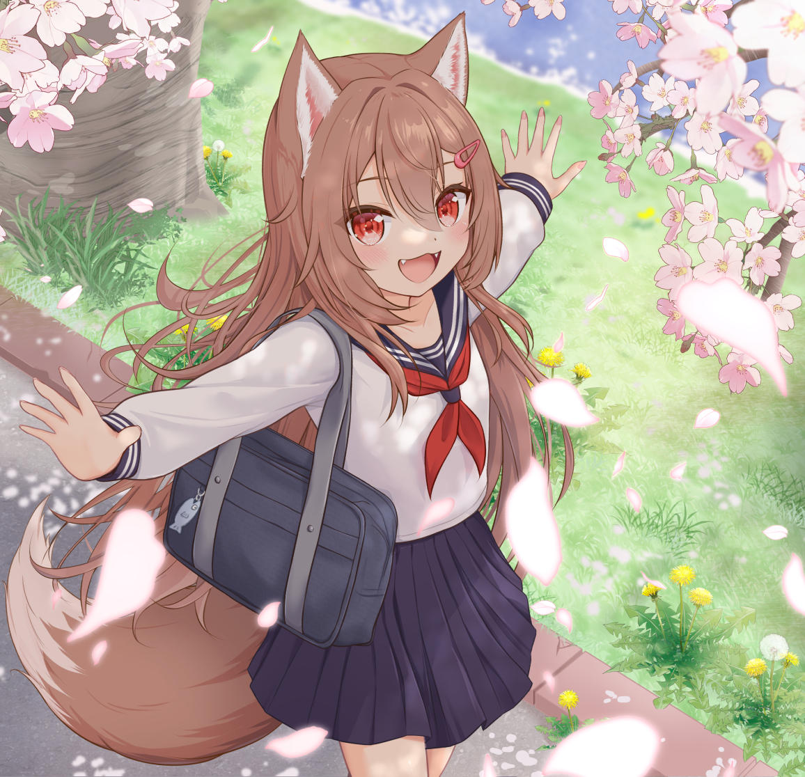 1girl, :d, animal_ears, bag, black_sailor_collar, black_skirt, brown_hair, cherry_blossoms