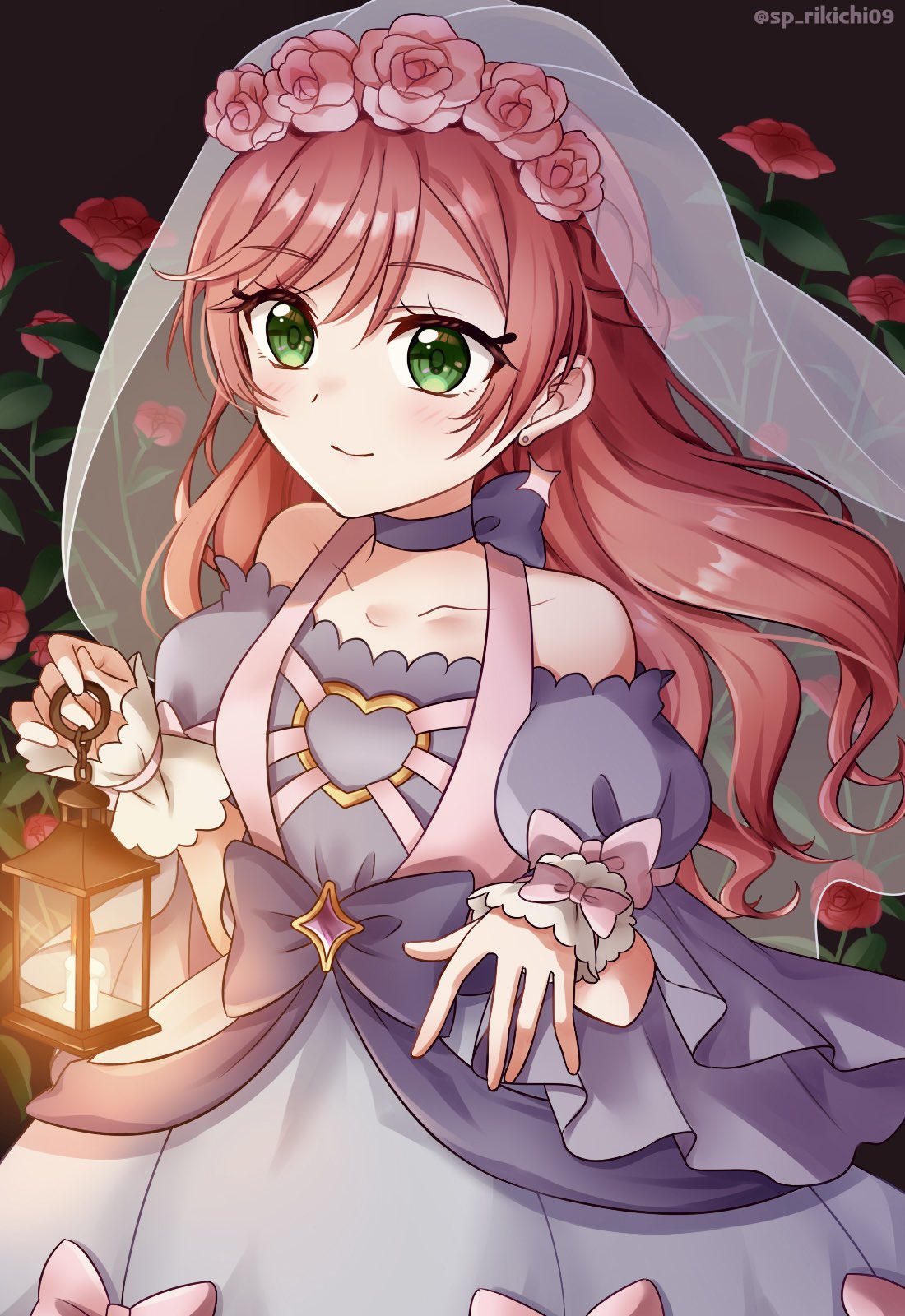 1girl, bow, bridal_veil, closed_mouth, cowboy_shot, dress, dress_bow, earrings, frilled_cuffs, green_eyes, grey_bow, grey_choker, grey_dress, halloween_costume, highres, hirogaru_sky!_precure, holding, holding_lantern, jewelry, lantern, long_hair, looking_at_viewer, nijigaoka_mashiro, off-shoulder_dress, off_shoulder, official_alternate_costume, pink_bow, pink_hair, precure, smile, solo, sp_rikichi09, standing, stud_earrings, twitter_username, veil, waist_bow, wide_sleeves