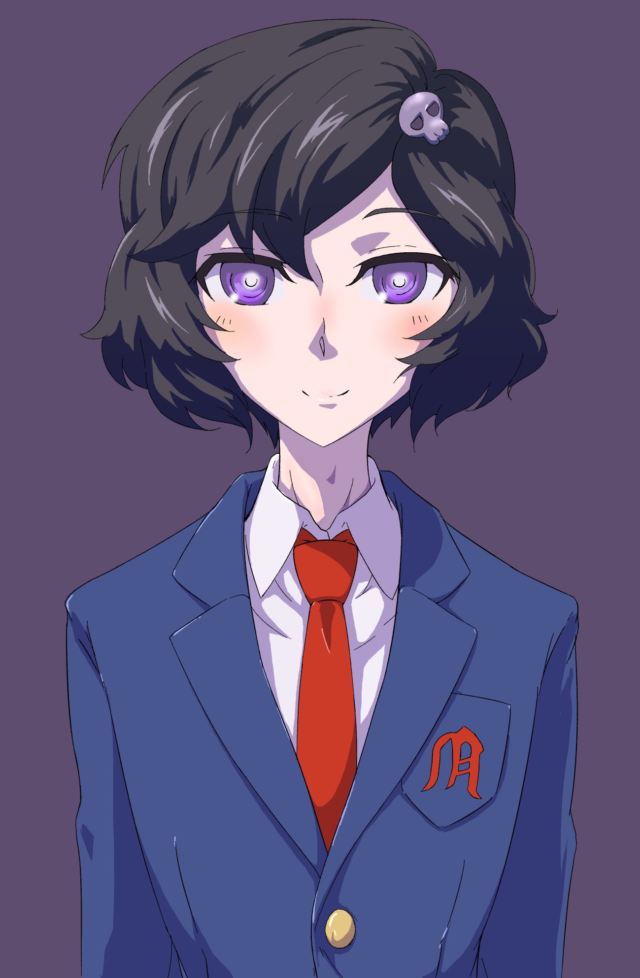 1boy, black_background, black_hair, blazer, blue_jacket, blush, breast_pocket, closed_mouth