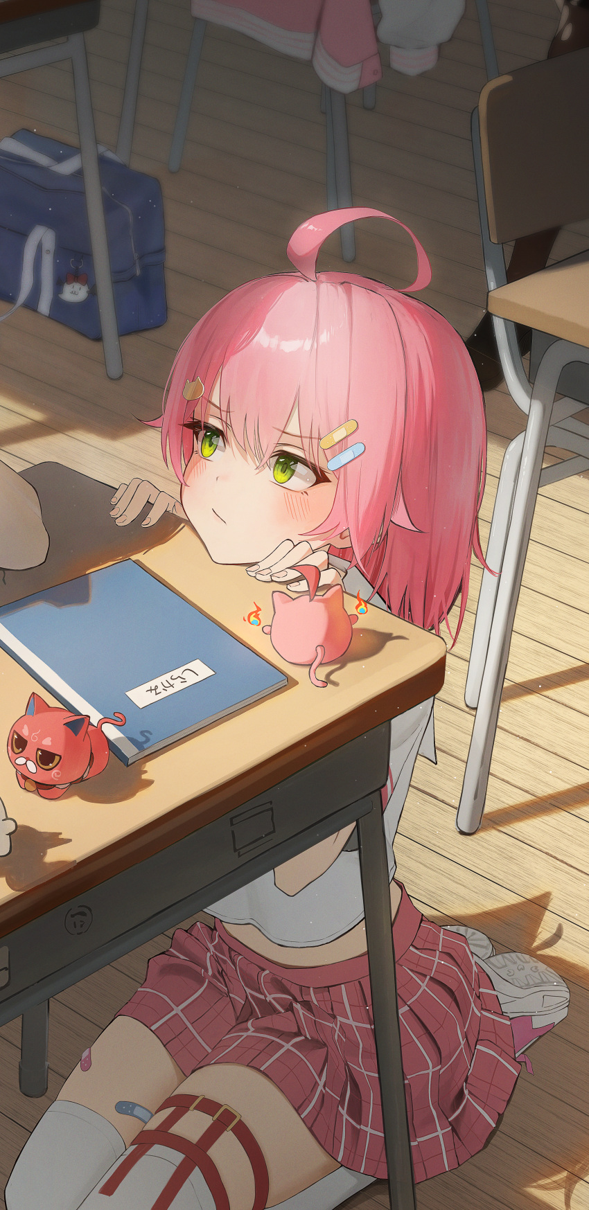 1girl, absurdres, ahoge, bag, bandaid, bandaid_hair_ornament, bandaid_on_thigh, blush, book, cat_hair_ornament, chair, classroom, commentary, desk, green_eyes, hair_ornament, hands_on_table, head_on_table, head_rest, highres, hololive, isolatediev, jacket, kapumin_(yozora_mel), kintoki_(sakura_miko), kneeling, maguchi_(sakura_miko), midriff_peek, official_alternate_costume, pink_hair, plaid_clothes, plaid_skirt, sakura_miko, sakura_miko_(school_uniform), school, school_chair, school_desk, school_uniform, serafuku, shadow, shirt, shoes, skirt, sneakers, solo, thigh-highs, thigh_strap, translated, unworn_jacket, virtual_youtuber, white_serafuku, white_shirt, white_thighhighs