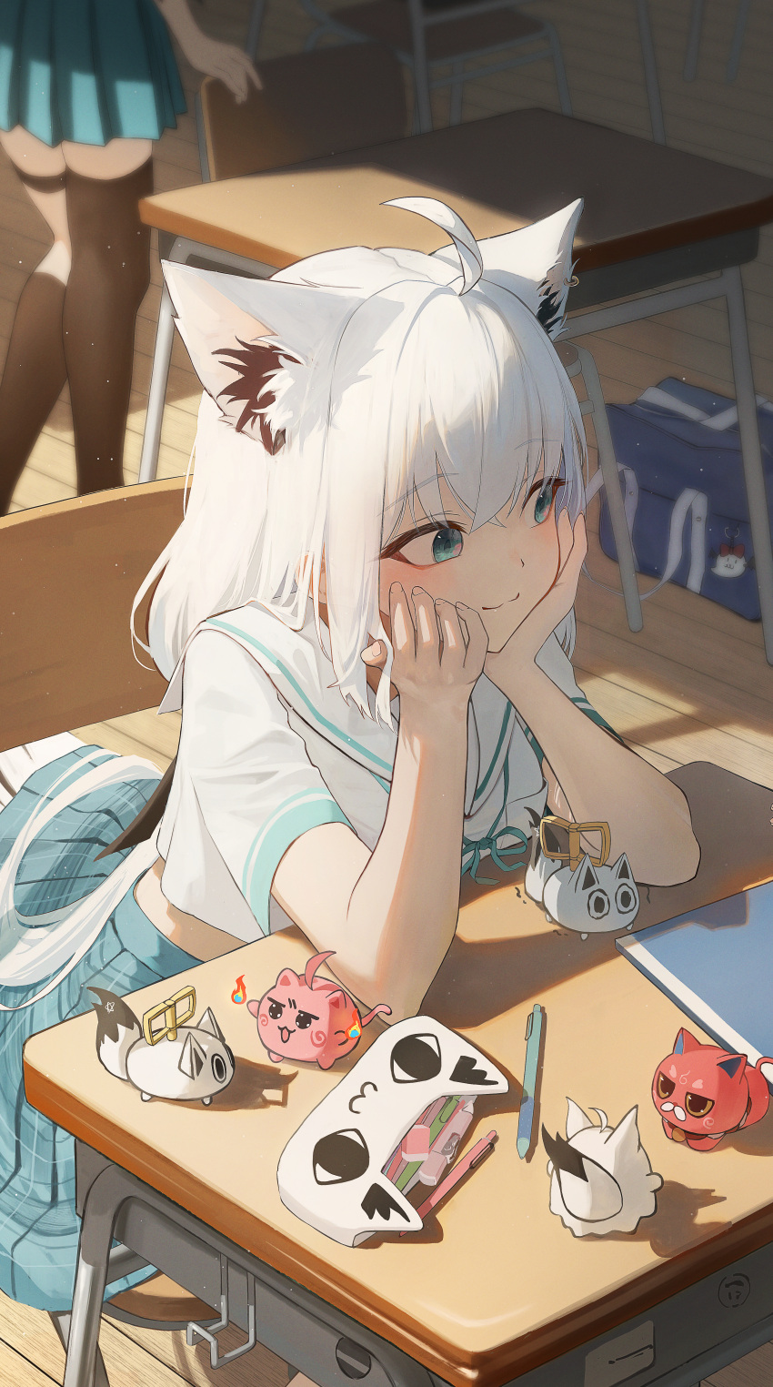 2girls, absurdres, ahoge, alternate_costume, animal_ear_fluff, animal_ears, asymmetrical_legwear, bag, black_socks, black_thighhighs, blue_bag, blue_eyes, blue_ribbon, blue_skirt, chair, classroom, closed_mouth, commentary, cropped_shirt, desk, elbows_on_table, fox_ears, fox_girl, fox_tail, head_rest, highres, hololive, indoors, isolatediev, kapumin_(yozora_mel), kintoki_(sakura_miko), kneehighs, long_hair, maguchi_(sakura_miko), miniskirt, miteiru_(shirakami_fubuki), multiple_girls, neck_ribbon, nejima_kitsune_(shirakami_fubuki), on_chair, pencil_case, pleated_skirt, ribbon, sailor_collar, school_bag, school_chair, school_desk, school_uniform, shirakami_fubuki, shirt, single_kneehigh, single_sock, single_thighhigh, sitting, skirt, smile, socks, tail, thigh-highs, thigh_strap, uneven_legwear, virtual_youtuber, white_sailor_collar, white_shirt