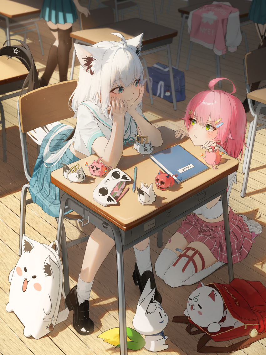 35p_(sakura_miko), 4girls, absurdres, ahoge, alternate_costume, animal_ear_fluff, animal_ears, asymmetrical_legwear