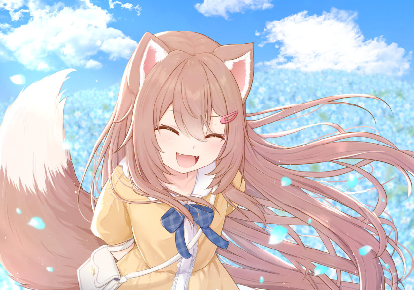 1girl, :d, ^_^, animal_ears, arms_behind_back, blue_bow, blue_bowtie, blue_flower