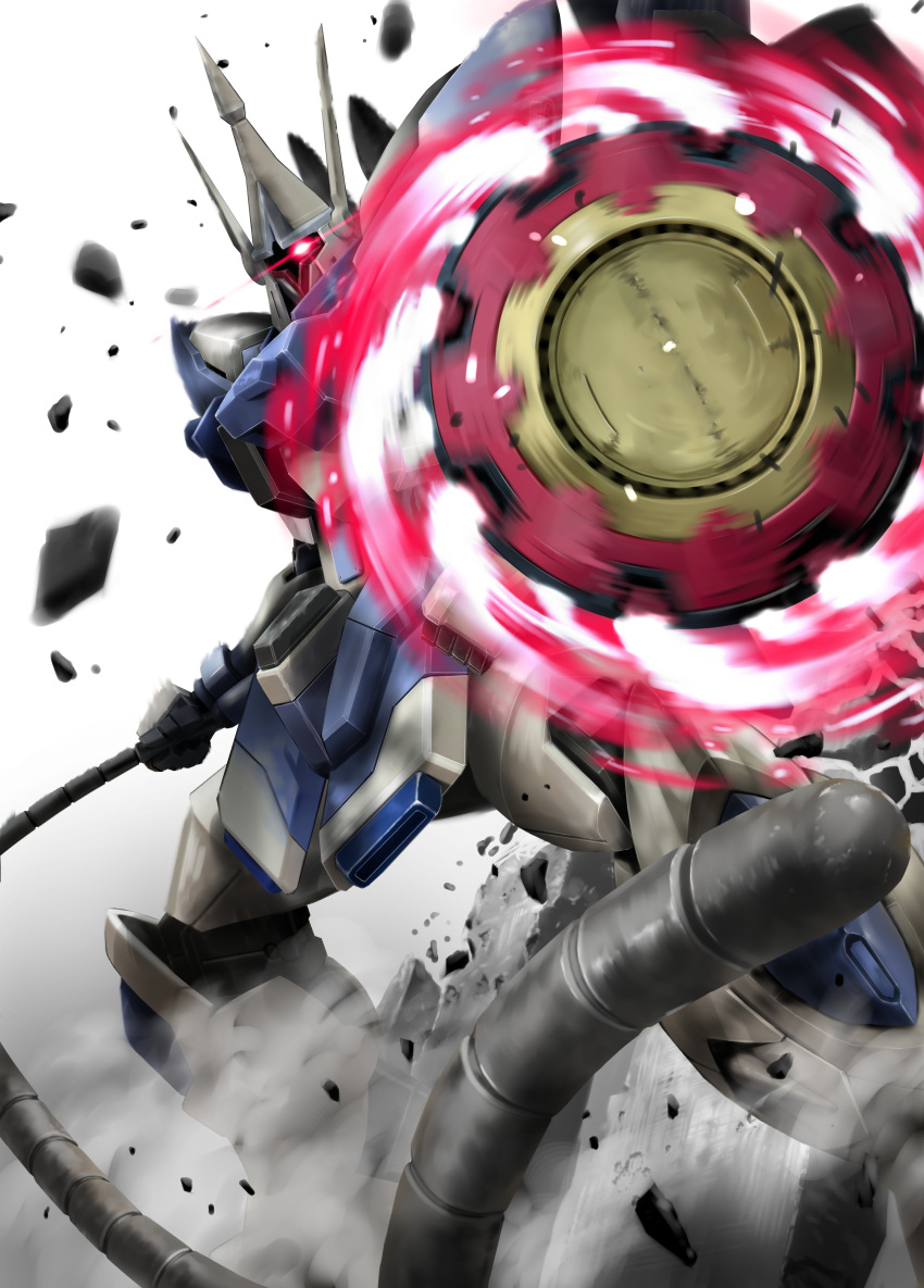 absurdres, commentary_request, debris, dust_cloud, feet_out_of_frame, glowing, glowing_eye, gundam, gundam_seed, gundam_seed_freedom, gyan_strom, highres, holding, holding_weapon, legs_apart, looking_at_viewer, mecha, mecha_focus, mobile_suit, motion_blur, nicobear_(user_rpsz5355), no_humans, one-eyed, red_eyes, robot, rubble, science_fiction, solo, standing, weapon, whip