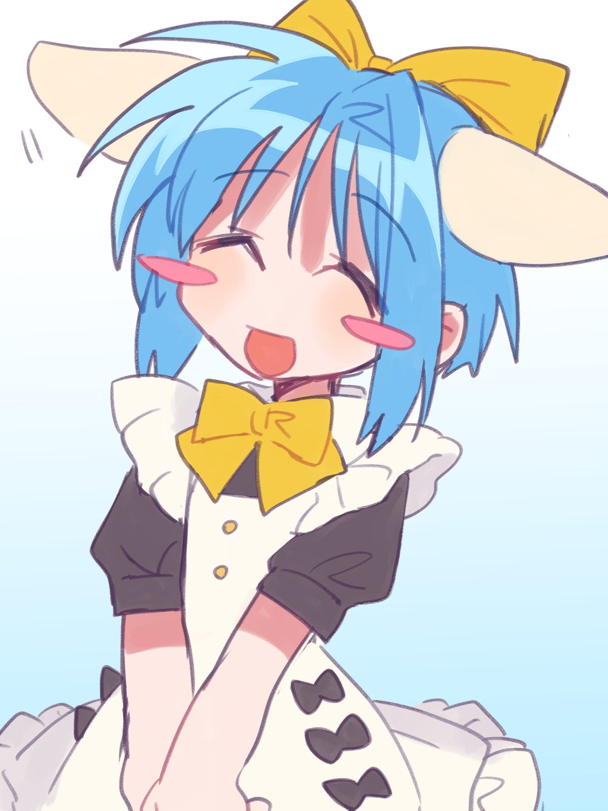 1girl, ^_^, alternate_costume, animal_ears, apron, blue_hair, blush_stickers, bow