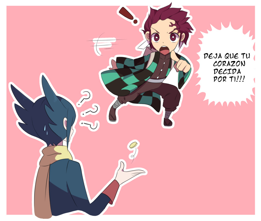 2boys, ?, ??, blue_hair, coin, crossover, green_jacket, grimsley_(pokemon)