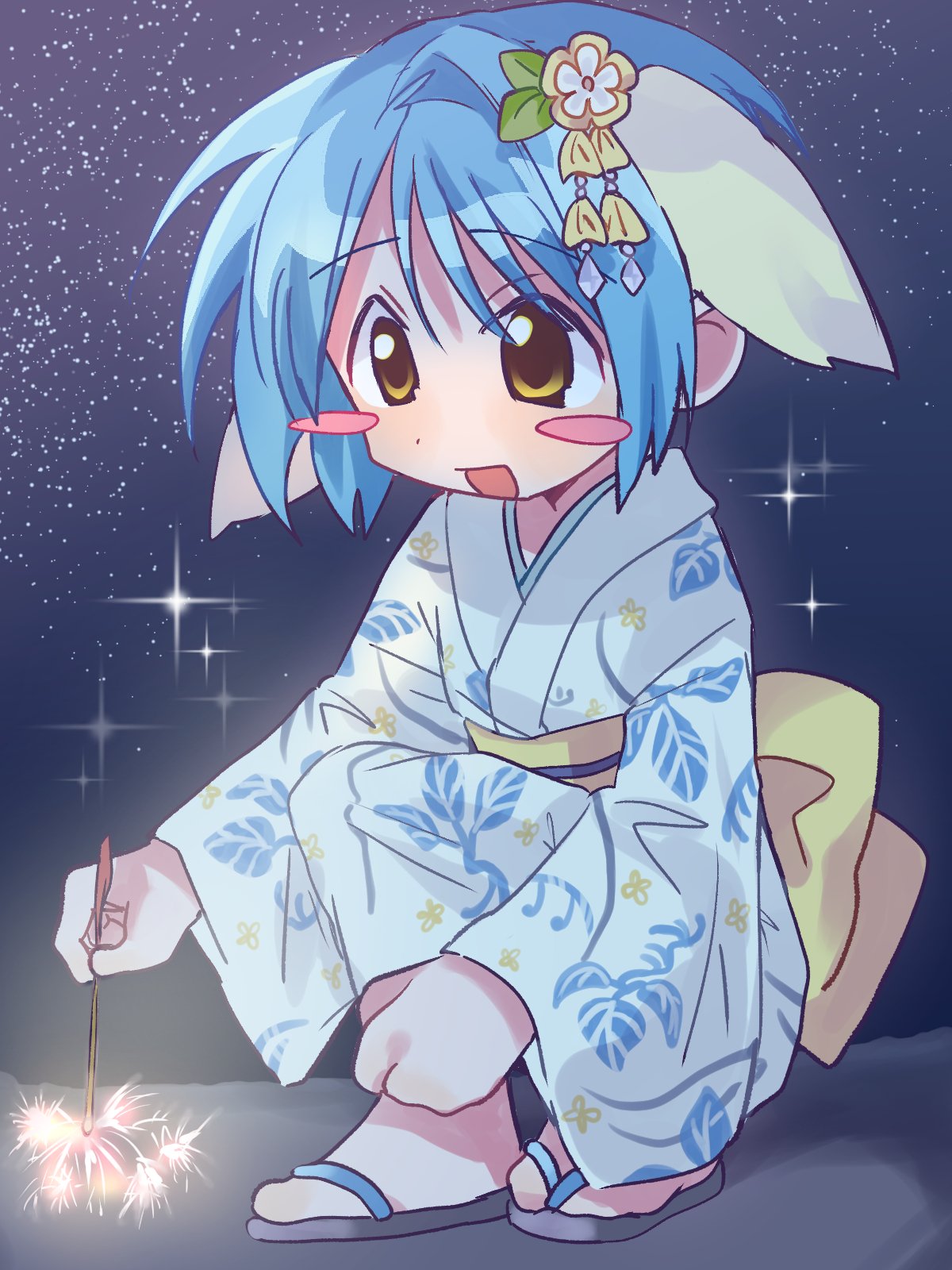 1girl, :d, animal_ear_fluff, animal_ears, blue_hair, blue_kimono, blush, blush_stickers