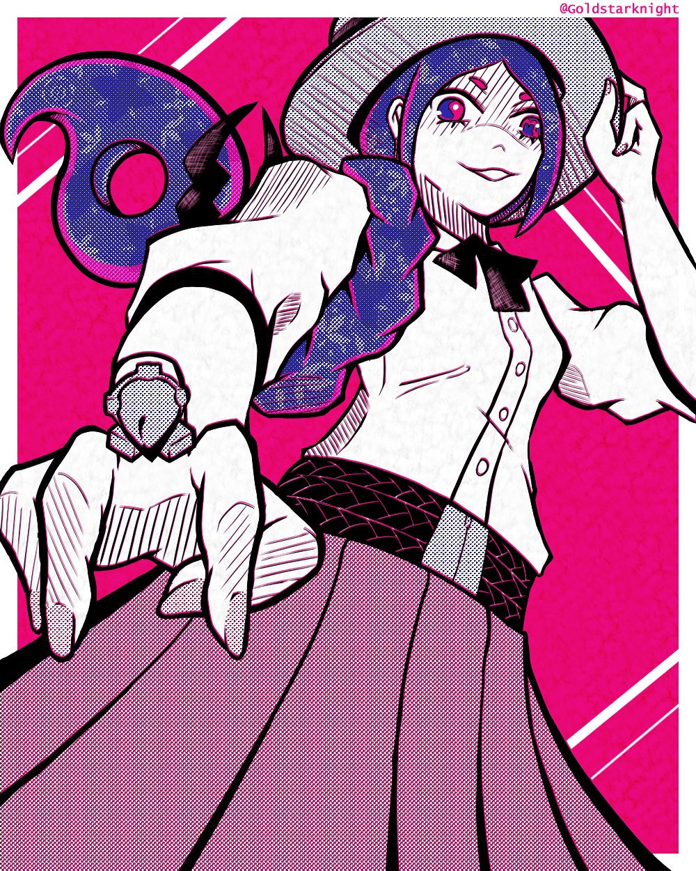 1girl, arm_up, blue_eyes, blue_hair, dress, goldstarknight, hat, highres, long_hair, looking_at_viewer, multicolored_hair, ponytail, purple_hair, shaula_gorgon, skirt, smile, solo, soul_eater, soul_eater_not!, symbol-shaped_pupils, violet_eyes