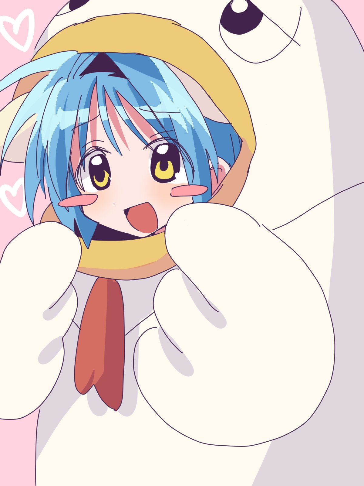 1girl, :d, animal_costume, animal_ears, blue_hair, blush_stickers, chicken_costume, galaxy_angel