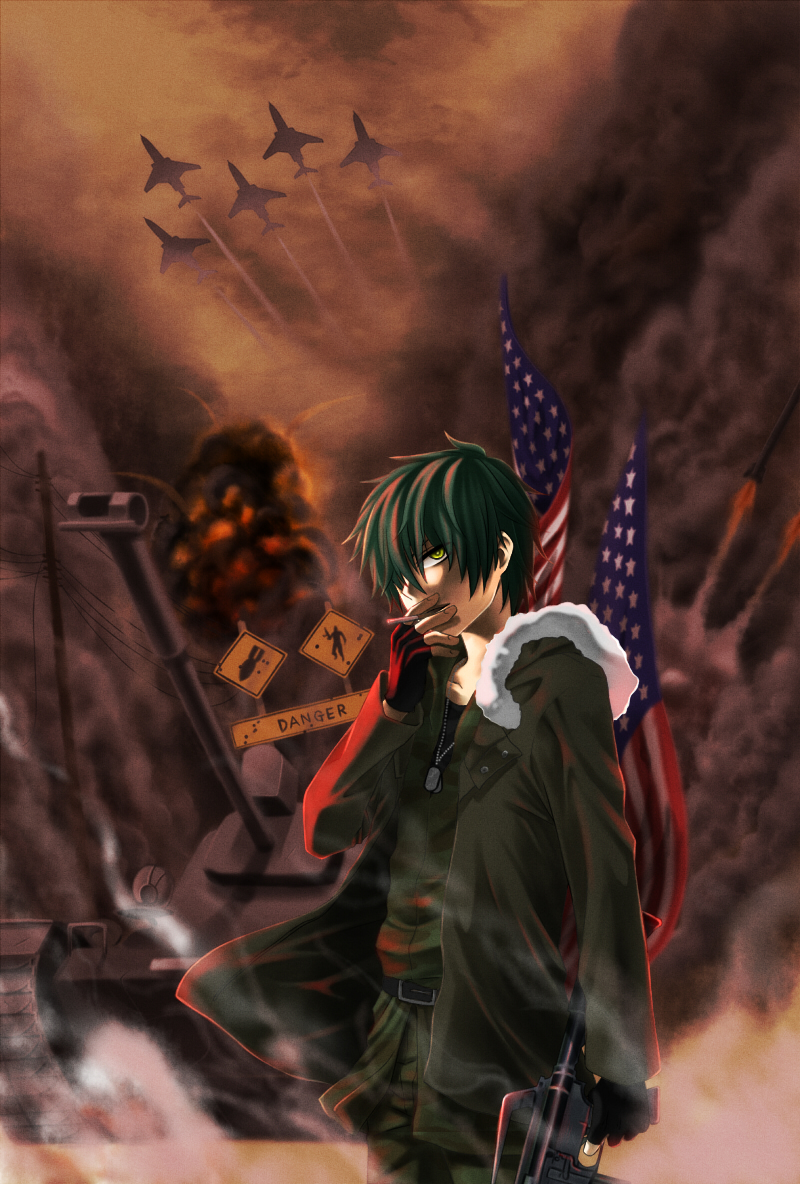 airplane, america, american_flag, assault_rifle, caterpillar_tracks, cigarette, dog_tags, explosion