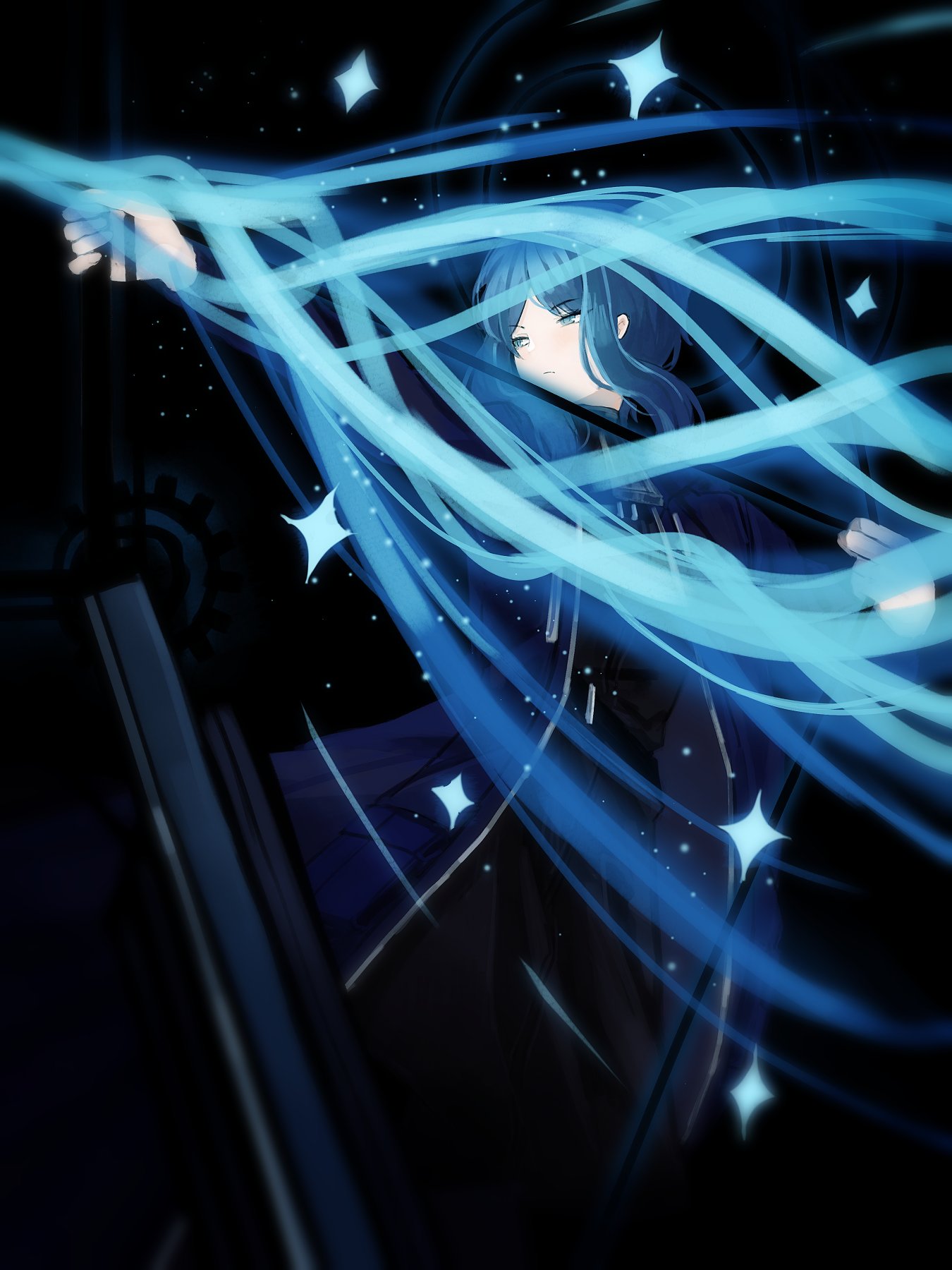 1girl, arrow_(projectile), attack, bari_(project_moon), black_background, blue_coat, blue_eyes, blue_hair, bow_(weapon), coat, energy_arrow, fighting, fighting_stance, glowing, glowing_weapon, highres, incoming_attack, limbus_company, project_moon, serious, sidelocks, solo, sparkle, starhoshi, the_bookhunter, weapon