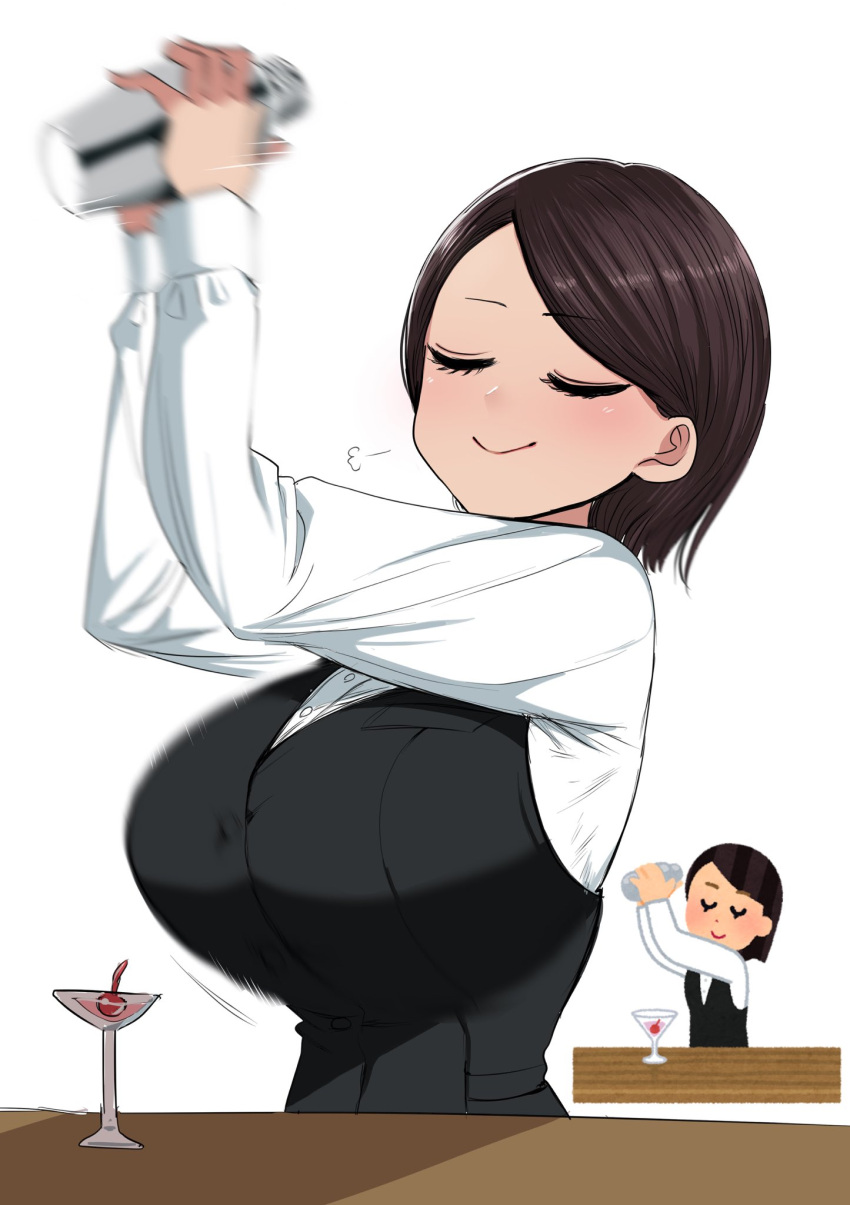 bartender, black_vest, breasts, closed_eyes, cocktail_glass, cocktail_shaker, cup, drinking_glass, eyebrows, eyelashes, female, hair_behind_ear, highres, huge_breasts, irasutoya, solo, vest, zurikishi