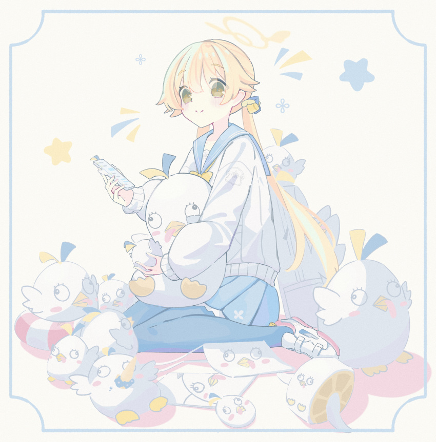1girl, absurdres, blonde_hair, blue_archive, blue_sailor_collar, blue_skirt, closed_mouth, controller