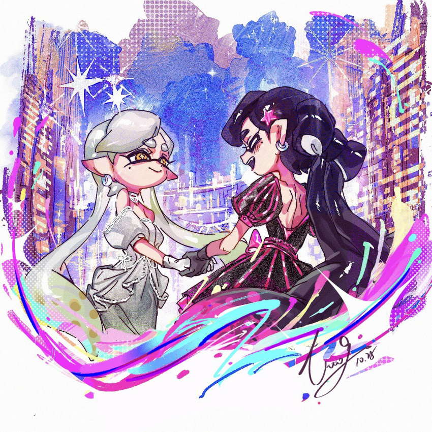 2girls, alternate_costume, alternate_hairstyle, backless_dress, backless_outfit, bare_shoulders, black_dress, black_gloves