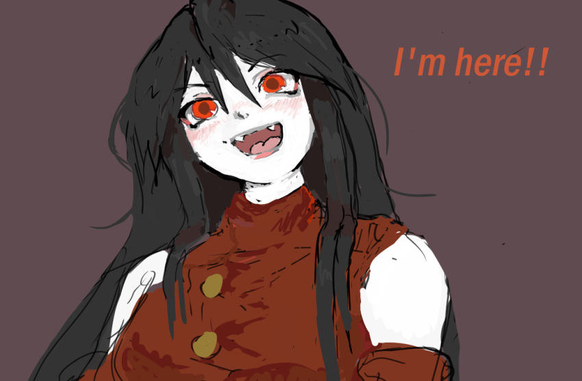 1girl, 8eyes, :d, black_hair, bloodgirl_(8eyes), blush, colored_skin, english_text