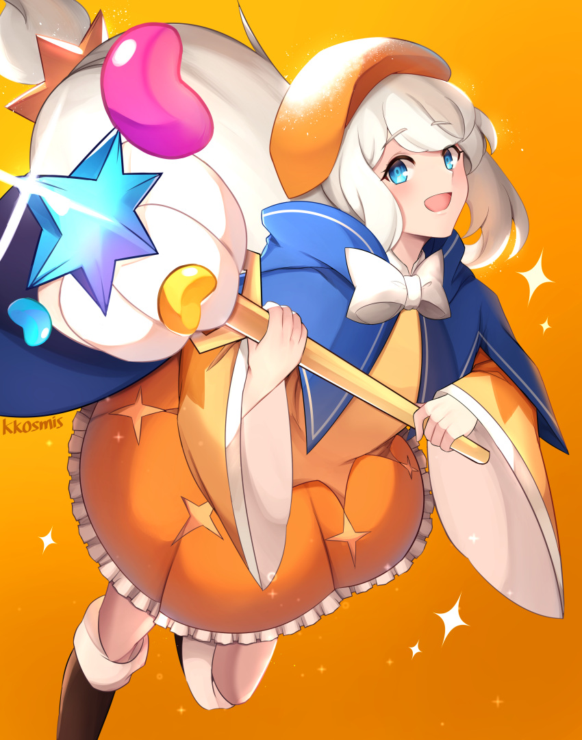 1girl, absurdres, blue_capelet, blue_eyes, boots, bow, bowtie, brown_footwear, capelet, cookie_run, cookie_run:_kingdom, cream_puff_cookie, dress, hat, highres, holding, holding_wand, humanization, kosmis, long_hair, long_sleeves, looking_at_viewer, low-tied_long_hair, open_mouth, orange_dress, simple_background, smile, solo, very_long_hair, wand, white_bow, white_hair