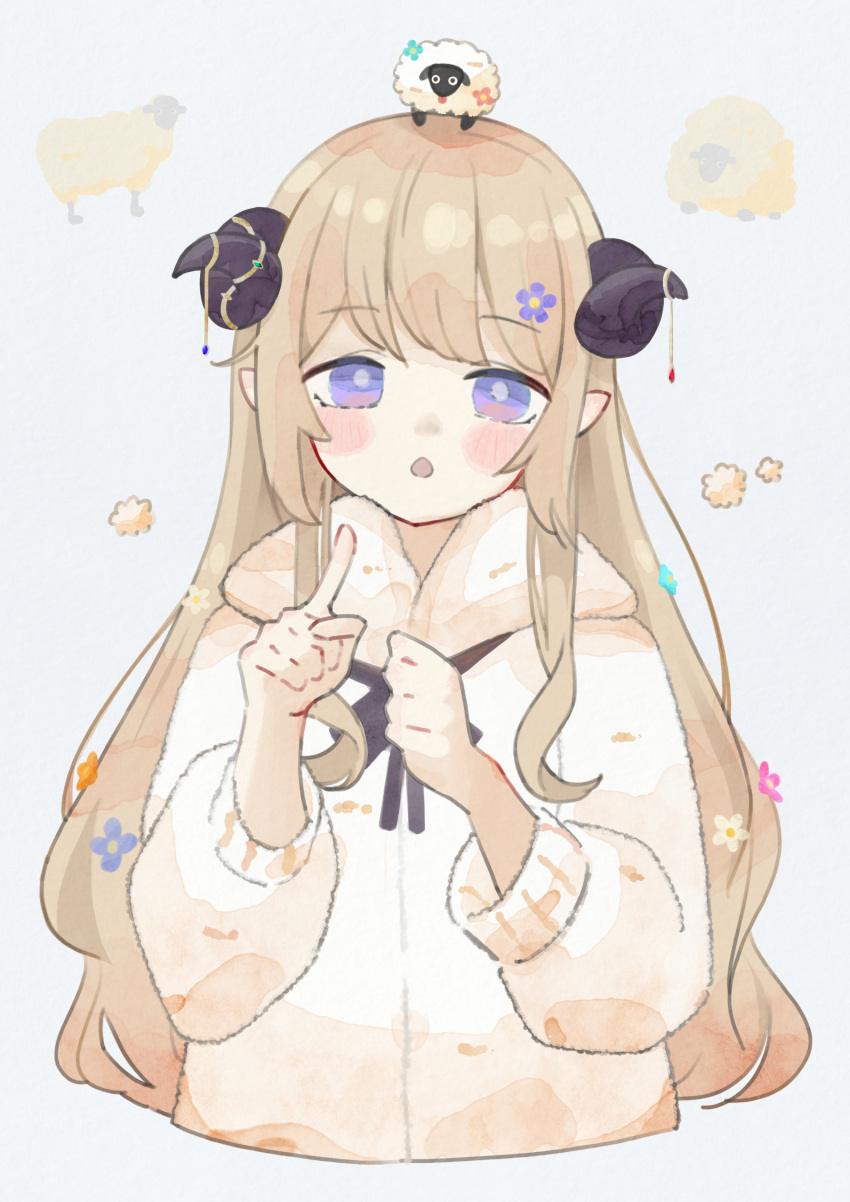 1girl, absurdres, animal_on_head, blonde_hair, blush, cropped_torso, flower, grey_eyes