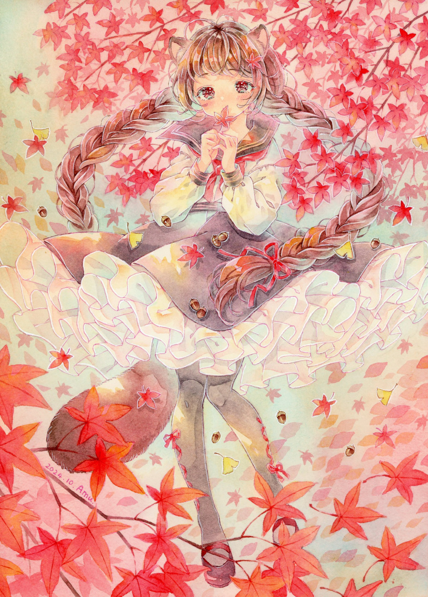1girl, acorn, ahoge, amu_(m_aa), animal_ear_fluff, animal_ears, artist_name, autumn