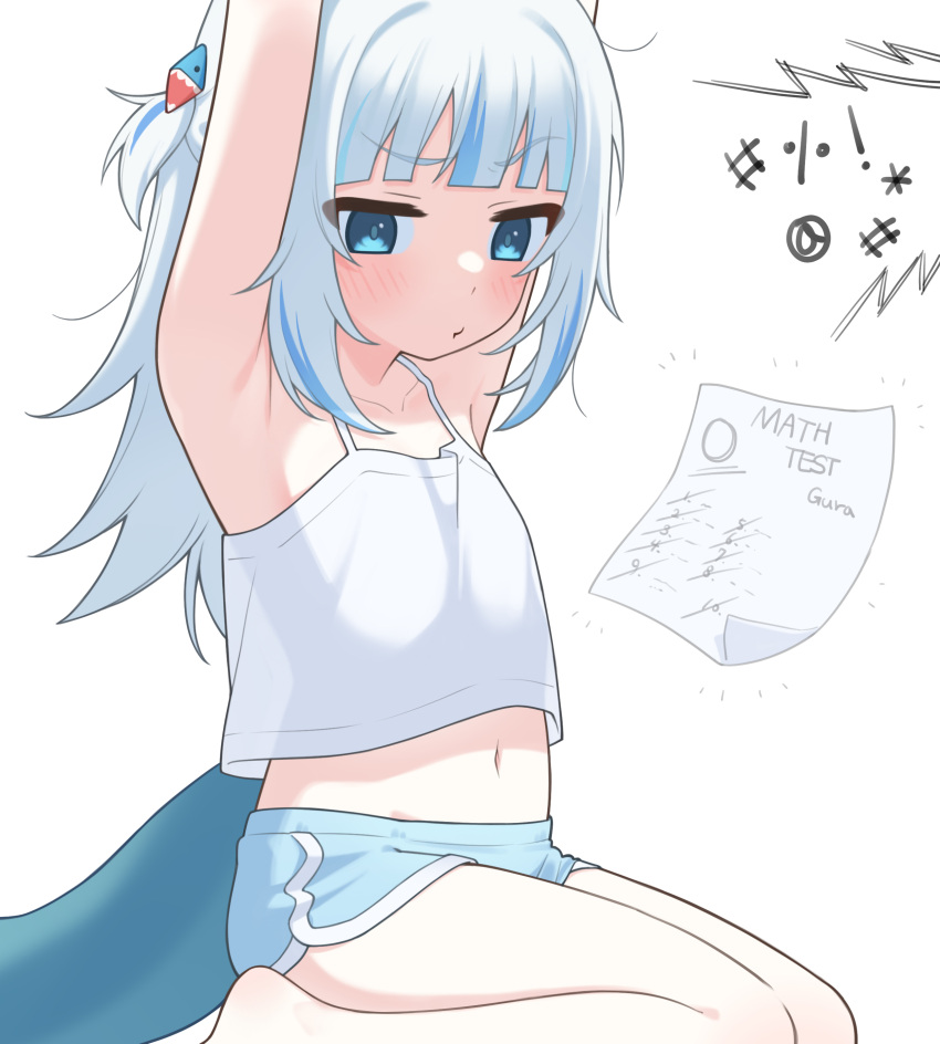 1girl, absurdres, alternate_costume, armpits, arms_up, blue_eyes, blush, camisole