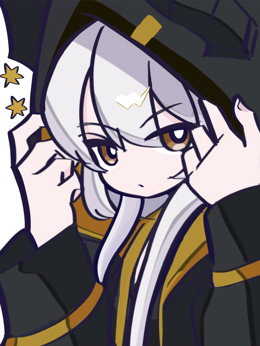 1girl, absurdres, black_hoodie, brown_eyes, grey_hair, highres, hood, hoodie