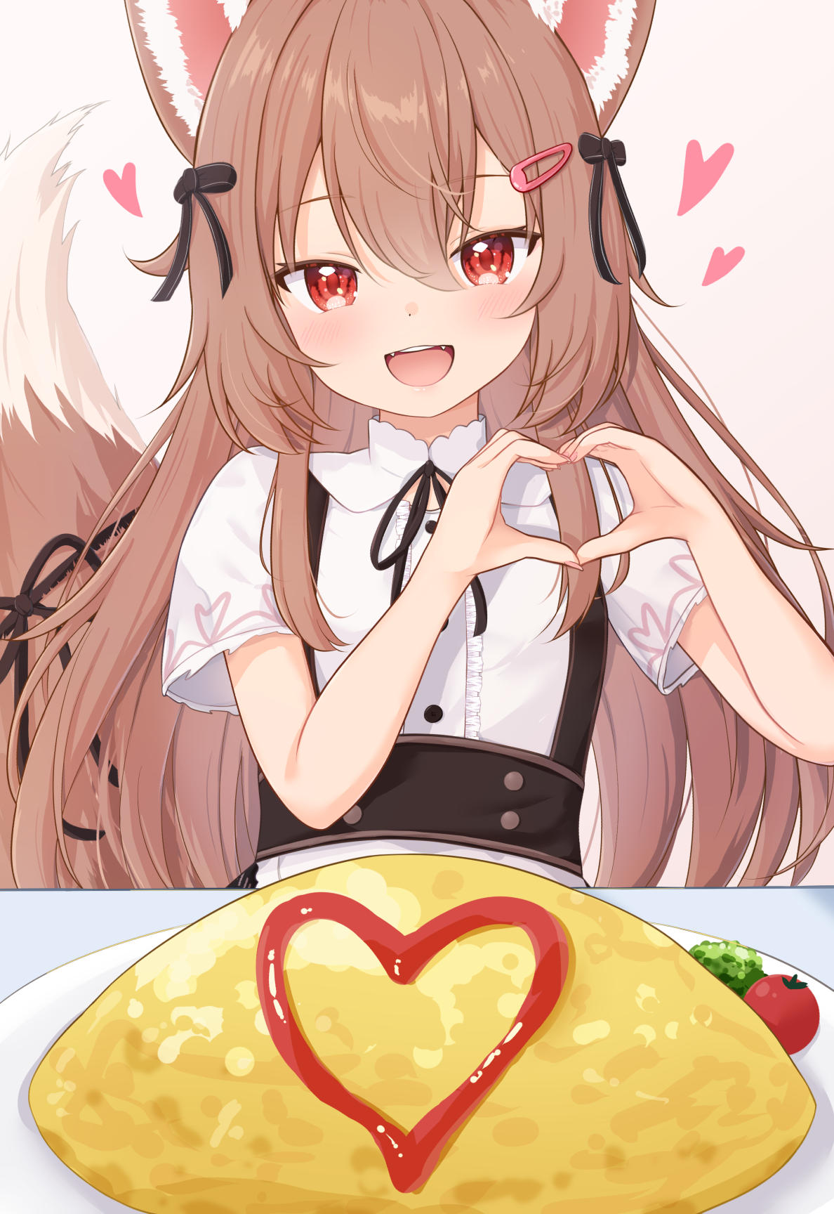 1girl, :d, animal_ears, apron, black_dress, brown_hair, commentary, dress