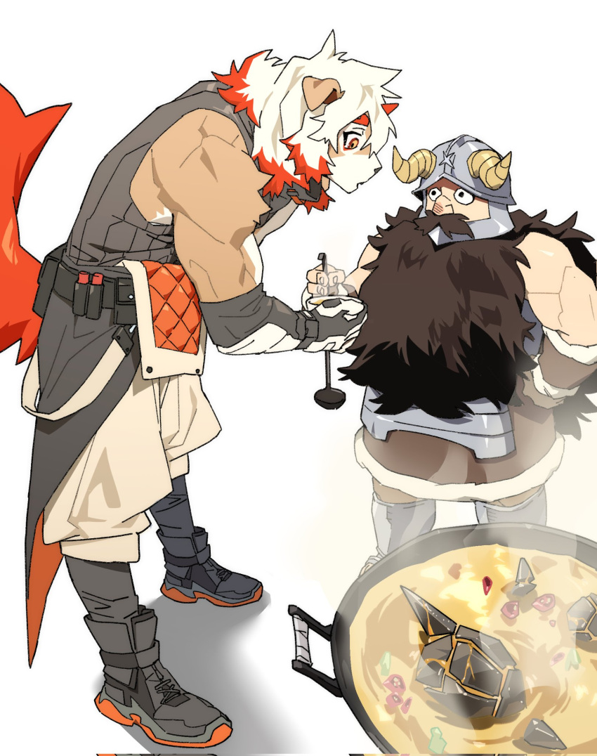 2boys, arknights, beard, black_footwear, black_shirt, chinese_commentary, colored_tips, commentary_request
