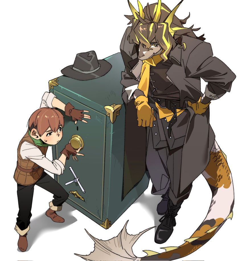 2boys, arknights, black_coat, black_footwear, boots, brown_footwear, brown_gloves, brown_hair