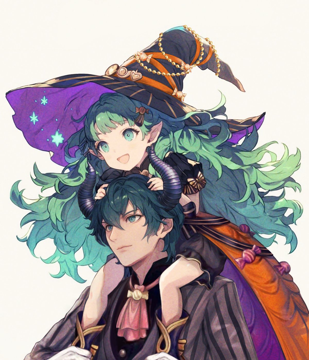 1boy, 1girl, ascot, black_dress, black_hat, black_horns, blue_eyes, blue_hair, byleth_(fire_emblem), byleth_(male)_(fire_emblem), byleth_(male)_(halloween)_(fire_emblem), carrying, carrying_person, closed_mouth, demon_horns, dress, fake_horns, fire_emblem, fire_emblem:_three_houses, fire_emblem_heroes, gloves, green_hair, halloween_costume, hat, highres, horns, long_hair, mixed-language_commentary, official_alternate_costume, open_mouth, pink_ascot, pointy_ears, short_hair, simple_background, smile, sothis_(fire_emblem), sothis_(halloween)_(fire_emblem), white_background, white_gloves, witch_hat, wrainbow13