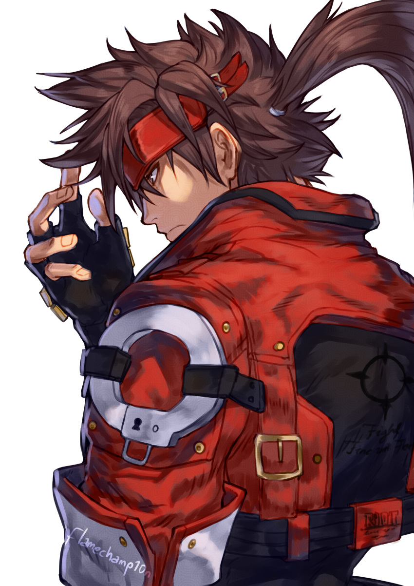 1boy, absurdres, brown_hair, fingerless_gloves, flamechamp10n, from_behind, gloves, guilty_gear