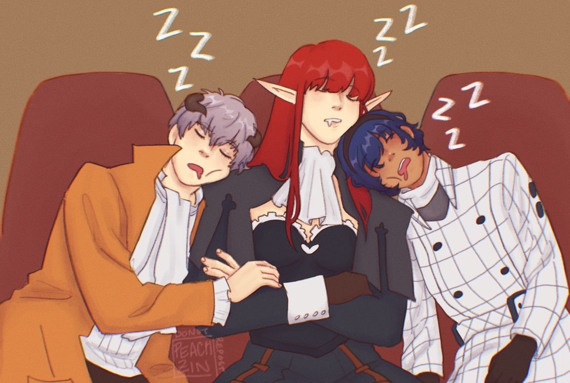 1girl, 2boys, ascot, belt, black_bustier, black_gloves, black_pants, blunt_bangs