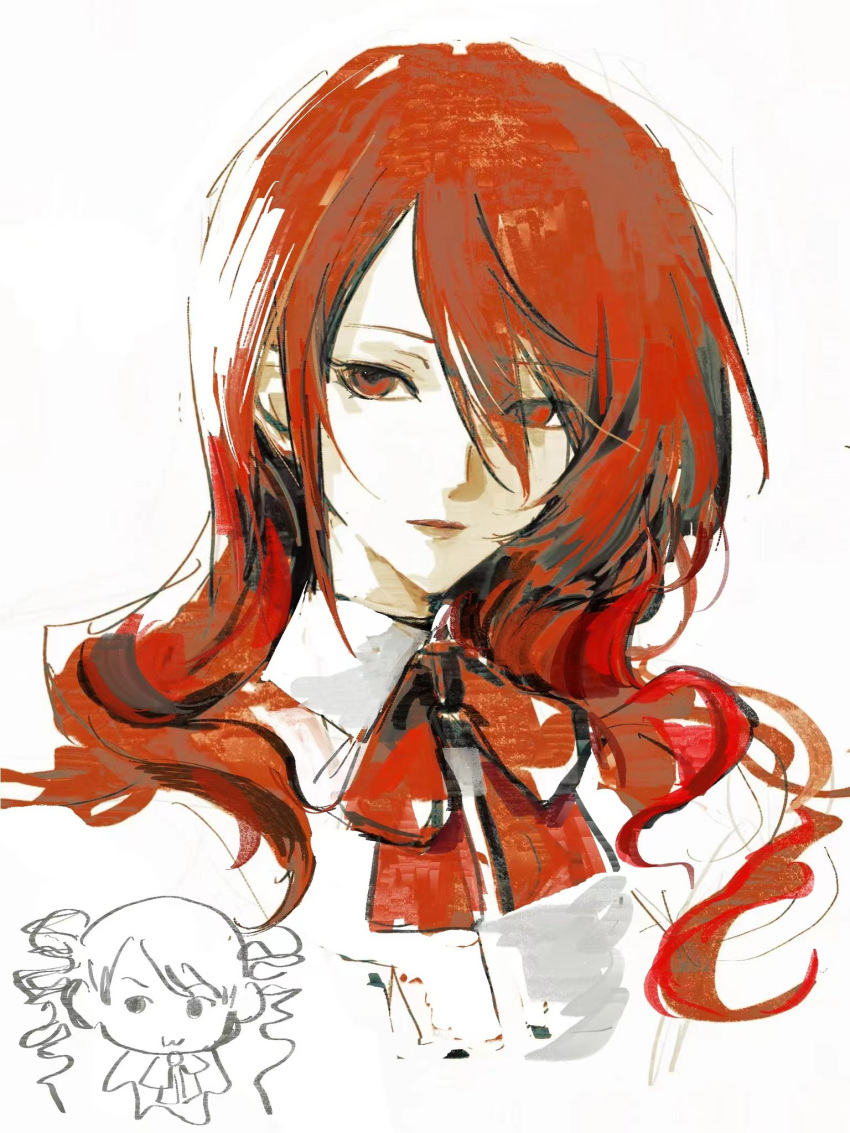 1girl, bow, chibi, collared_shirt, drill_hair, gou_tou21081, highres, kirijou_mitsuru
