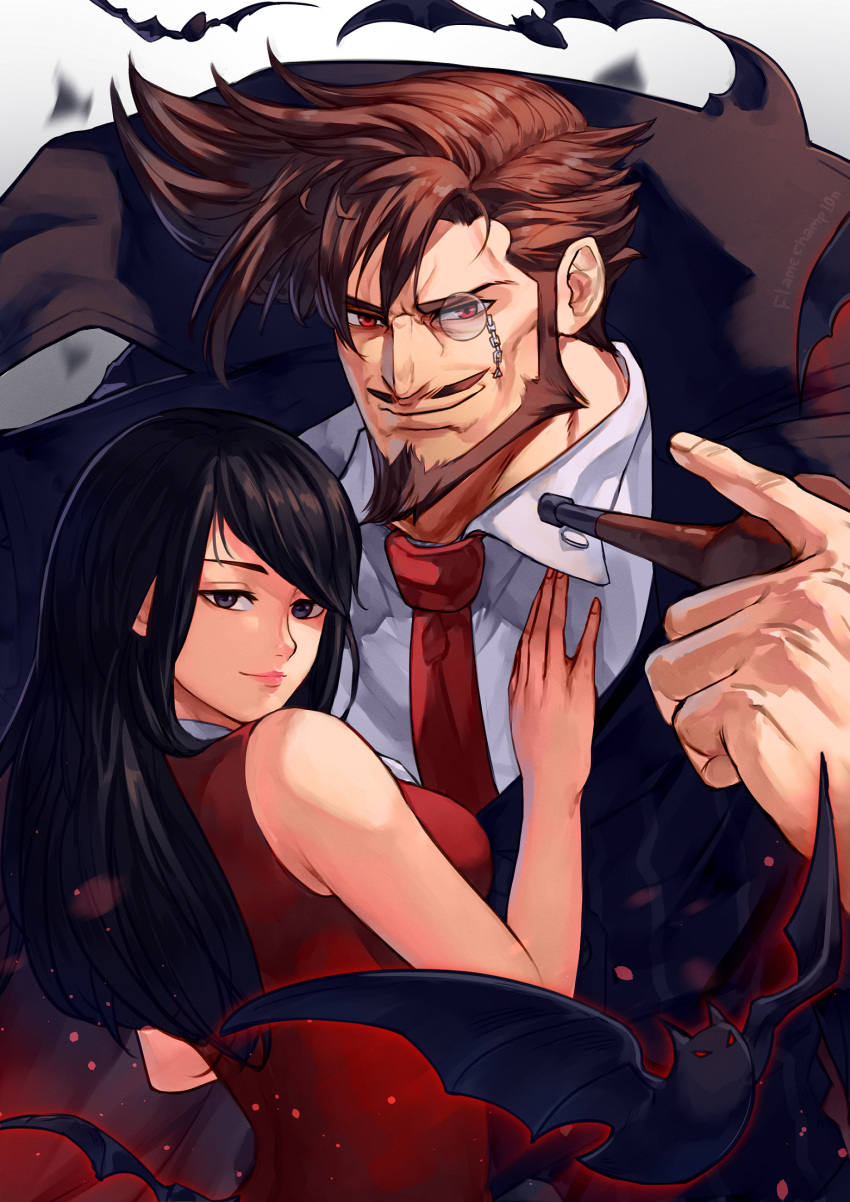 1boy, 1girl, bat_(animal), beard, black_eyes, black_hair, brown_hair, commission