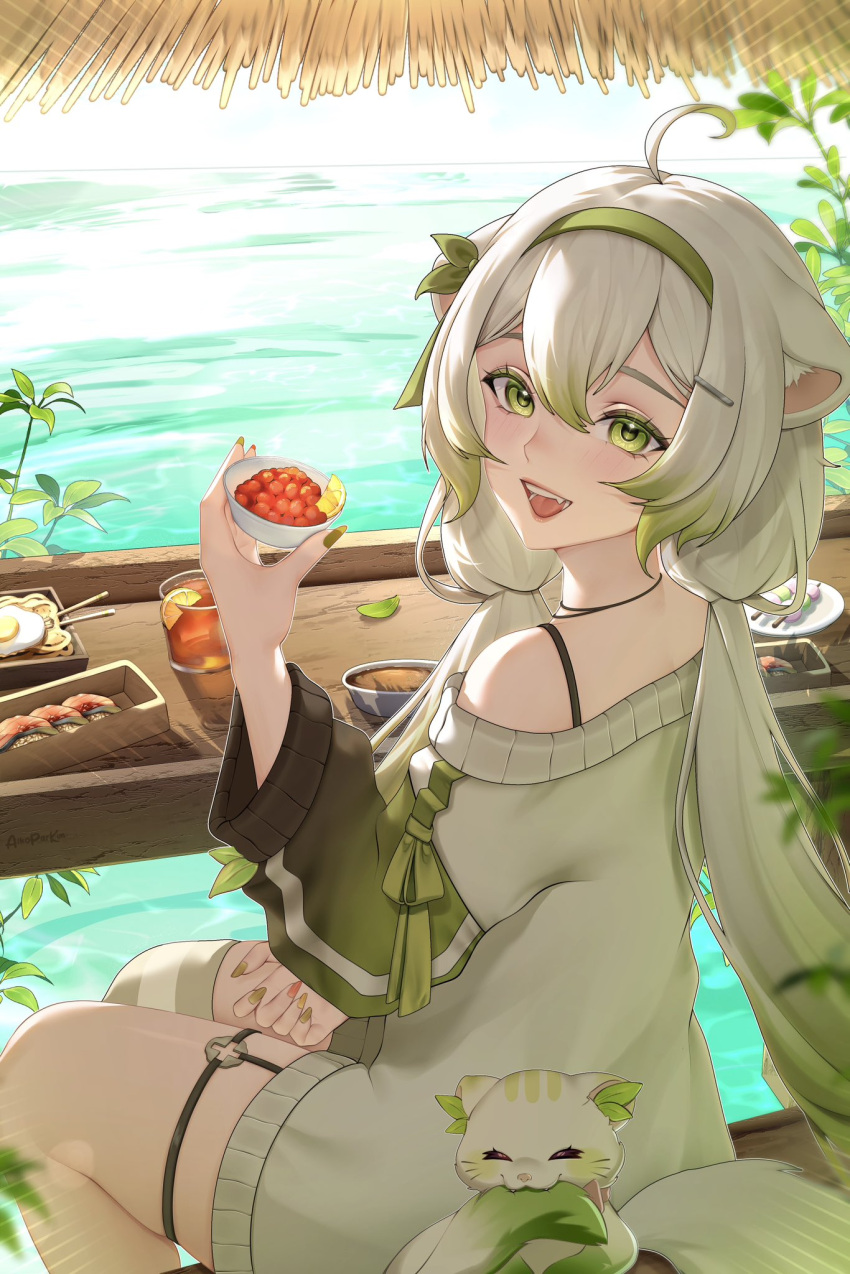 1girl, aikoparkim, animal_ears, bowl, bra_strap, chopsticks, cup, dango, english_commentary, ferret_ears, ferret_girl, ferret_tail, food, fried_egg, fruit, gradient_hair, green_eyes, green_hair, green_hairband, green_nails, green_sweater, green_thighhighs, hair_ornament, hairband, hairclip, highres, holding, holding_bowl, horizontal-striped_thighhighs, indie_virtual_youtuber, laimu_(vtuber), lemon, lemon_slice, long_hair, long_sleeves, looking_at_viewer, looking_back, low_twintails, multicolored_hair, multicolored_nails, noodles, o-ring, o-ring_thigh_strap, ocean, off-shoulder_sweater, off_shoulder, open_mouth, outdoors, plant, plate, red_nails, sanshoku_dango, signature, single_thighhigh, sitting, solo, striped_clothes, striped_thighhighs, sweater, thigh-highs, thigh_strap, twintails, virtual_youtuber, wagashi, water, white_hair, white_thighhighs, yellow_nails