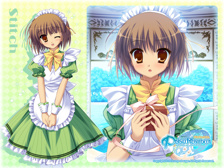 blush, brown_eyes, brown_hair, maid, prism_rhythm, sesena_yau, short_hair, stitch