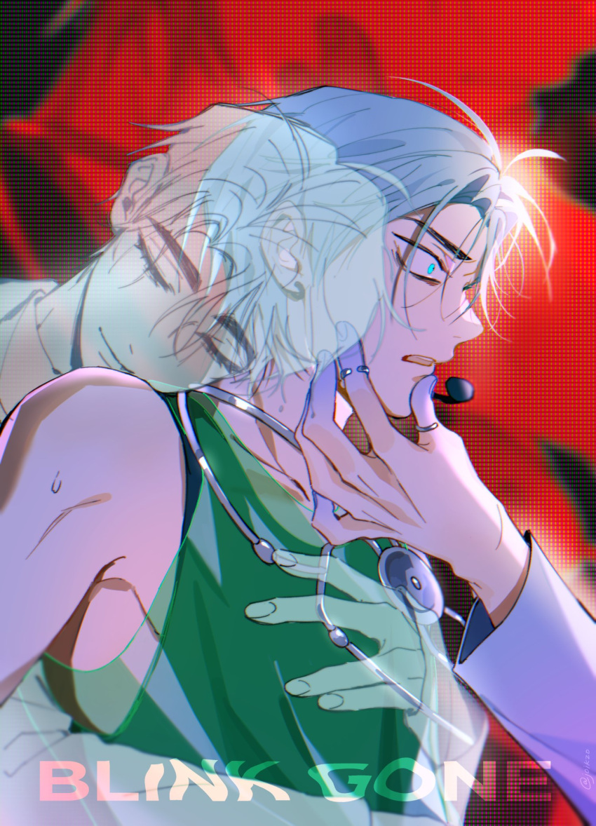 3boys, alien_stage, aqua_eyes, black_tank_top, colored_extremities, commentary, english_commentary, ghost, green_tank_top, grey_hair, hand_on_another's_face, headset, highres, hug, hug_from_behind, ivan_(alien_stage), jewelry, joikzo, layered_clothes, luka_(alien_stage), male_focus, multiple_boys, open_mouth, out_of_frame, red_background, ring, see-through_tank_top, shirt, short_hair, silver_choker, song_name, stethoscope, tank_top, thumb_ring, till_(alien_stage), upper_body, very_short_hair, white_shirt