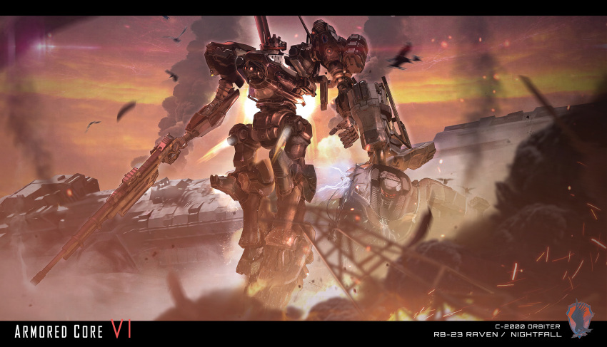 armored_core, armored_core_6, copyright_name, floating, full_body, glowing, glowing_eye, gun