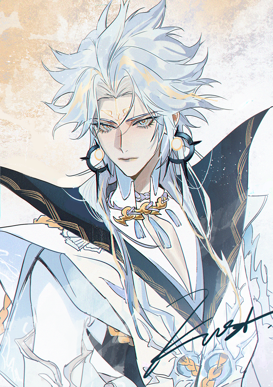 1boy, closed_mouth, earrings, expressionless, eyelashes, facial_mark, highres, jewelry, lips, long_hair, looking_at_viewer, male_focus, onmyoji, parted_bangs, pinocchiox, red_pupils, signature, solo, susanoo_(onmyoji), tassel, upper_body, white_eyes, white_hair
