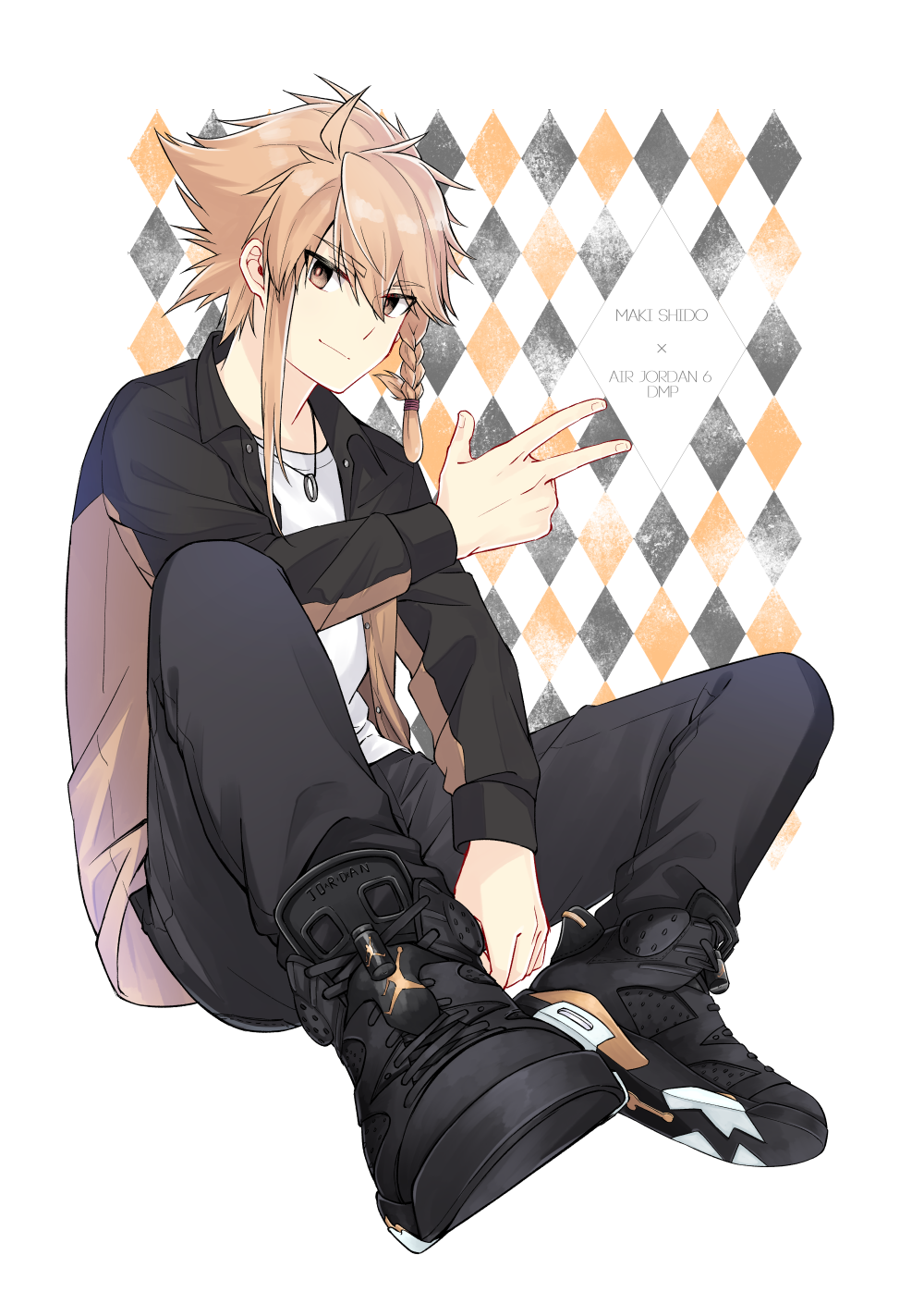 1girl, air_jordan_6, black_footwear, black_jacket, black_pants, braid, brown_eyes, brown_hair