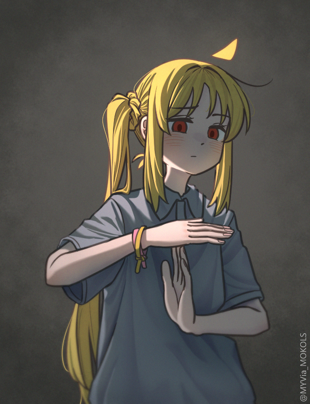 1girl, ahoge, artist_name, backlighting, blonde_hair, blush, bocchi_the_rock!, commentary