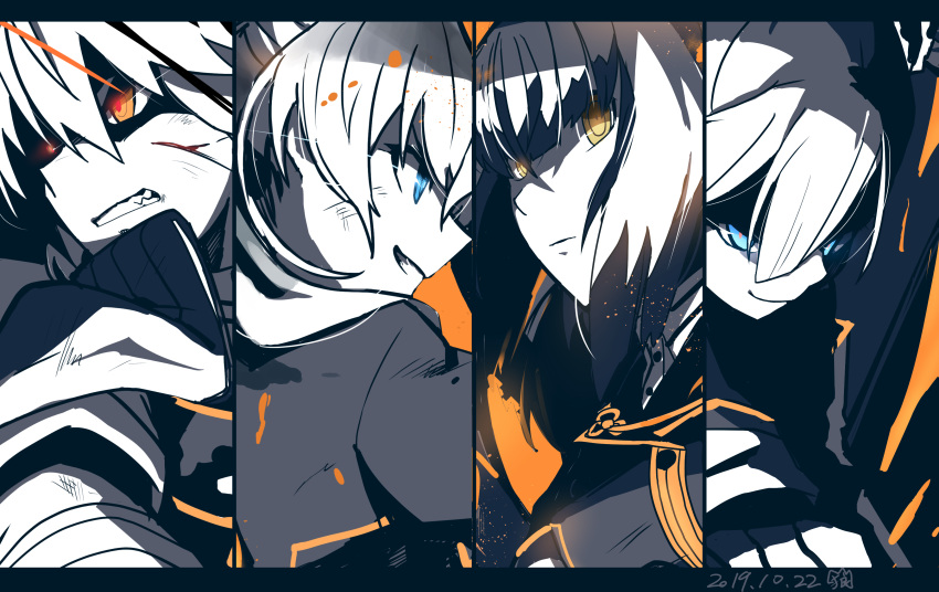 4girls, absurdres, blue_eyes, blunt_bangs, bruise, closed_mouth, collared_shirt, commentary_request