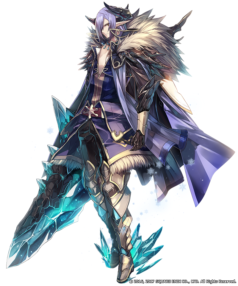 1boy, armor, armored_boots, armored_gloves, boots, cape, copyright_notice, crystal_sword, demon_horns, demon_king_inverno_(grimms_notes), full_body, fur_trim, grimms_notes, holding, holding_sword, holding_weapon, horns, hosato_mikine, male_focus, official_art, purple_hair, short_hair, solo, sword, weapon, white_background, yellow_eyes